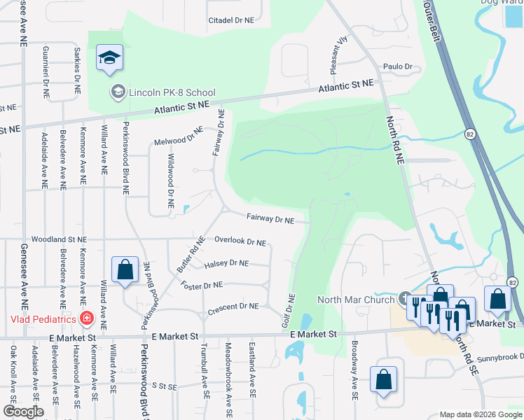 map of restaurants, bars, coffee shops, grocery stores, and more near 462 Fairway Drive Northeast in Warren