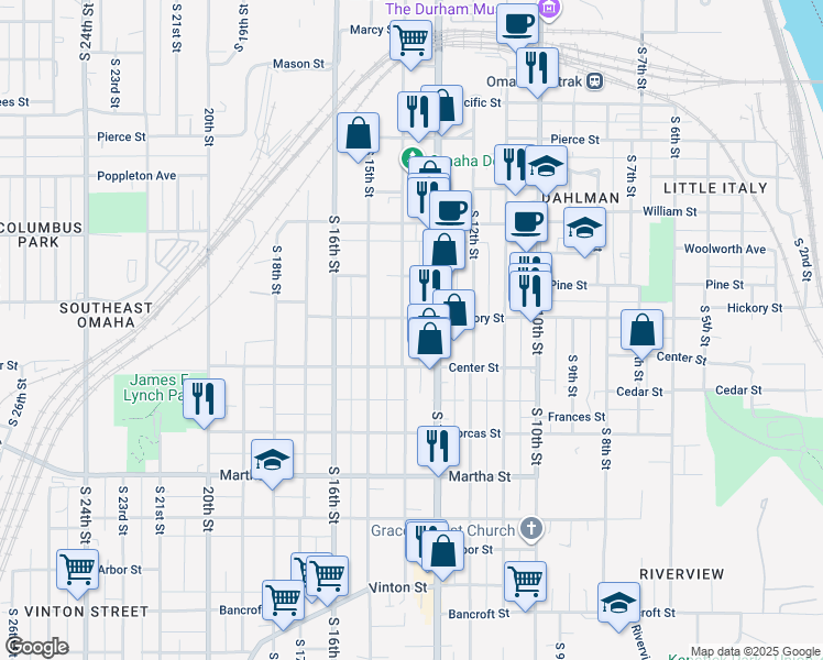 map of restaurants, bars, coffee shops, grocery stores, and more near 1707 South 14th Street in Omaha