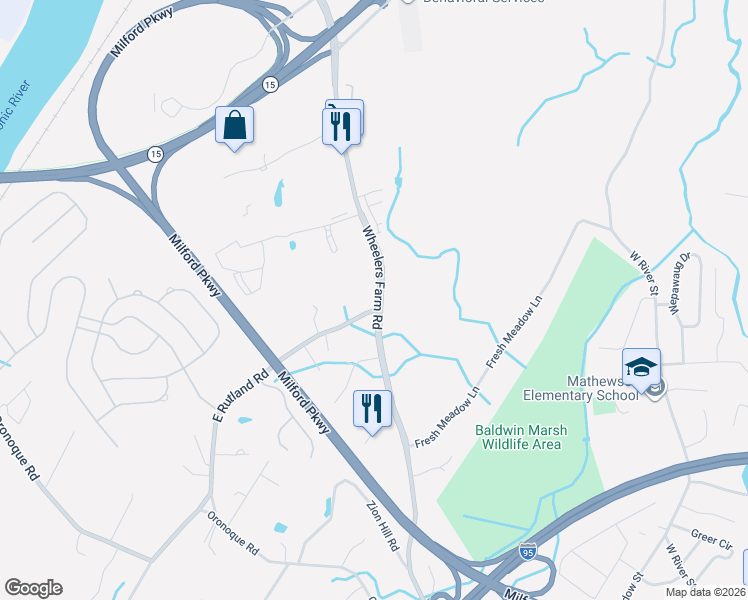 map of restaurants, bars, coffee shops, grocery stores, and more near 324 Wheelers Farm Road in Milford