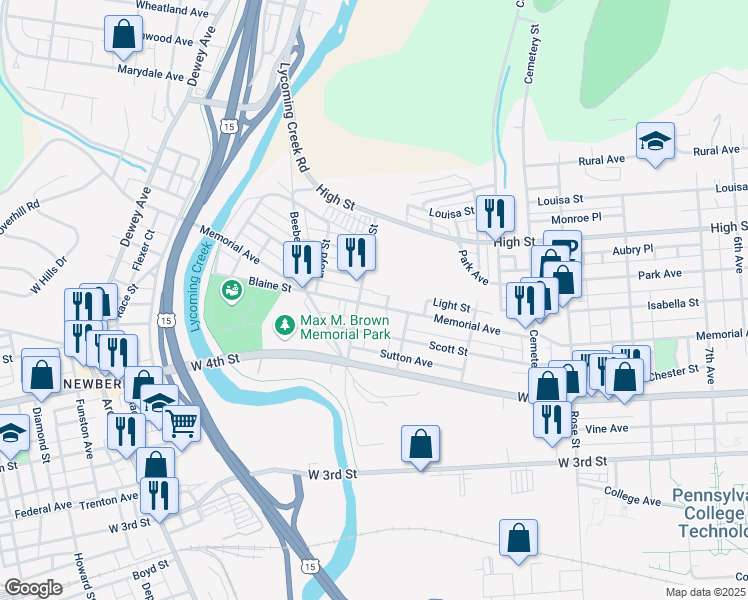 map of restaurants, bars, coffee shops, grocery stores, and more near 1624 Memorial Avenue in Williamsport