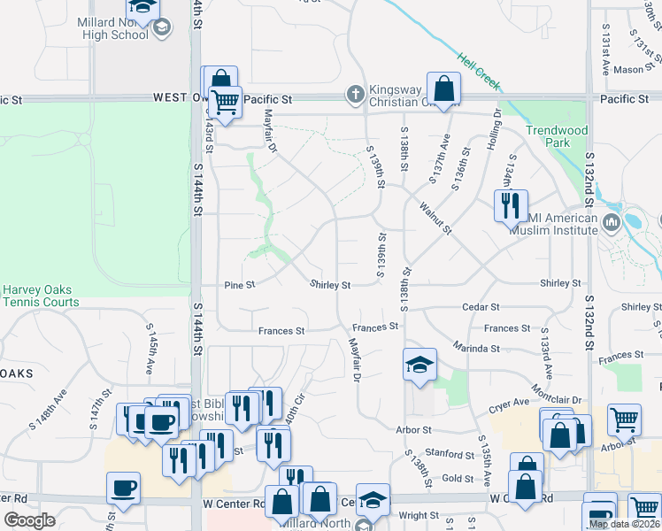 map of restaurants, bars, coffee shops, grocery stores, and more near 1806 Mayfair Drive in Omaha