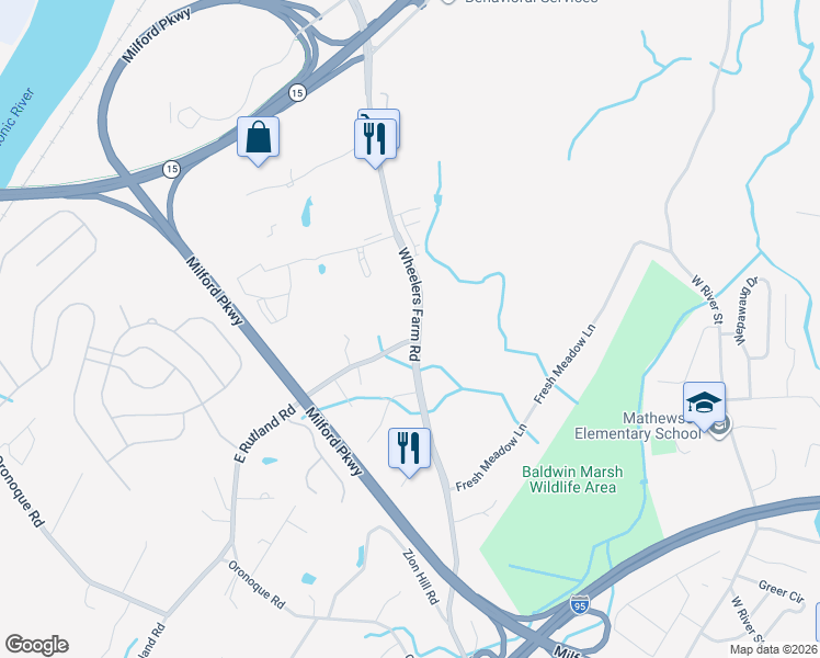 map of restaurants, bars, coffee shops, grocery stores, and more near 324 Wheelers Farm Road in Milford