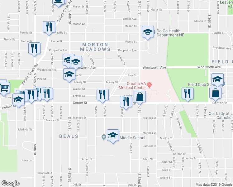 map of restaurants, bars, coffee shops, grocery stores, and more near 4340 Shirley Street in Omaha