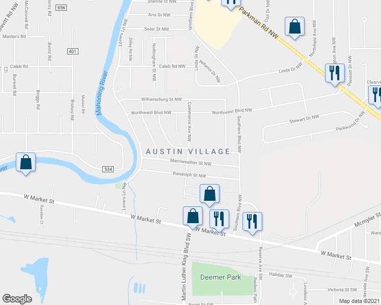 map of restaurants, bars, coffee shops, grocery stores, and more near 2955 Clearwater Street Northwest in Warren