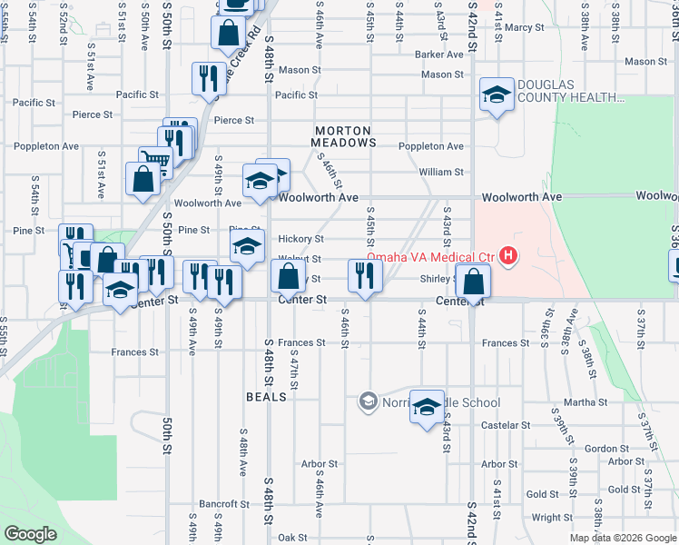 map of restaurants, bars, coffee shops, grocery stores, and more near 4532 Shirley Street in Omaha