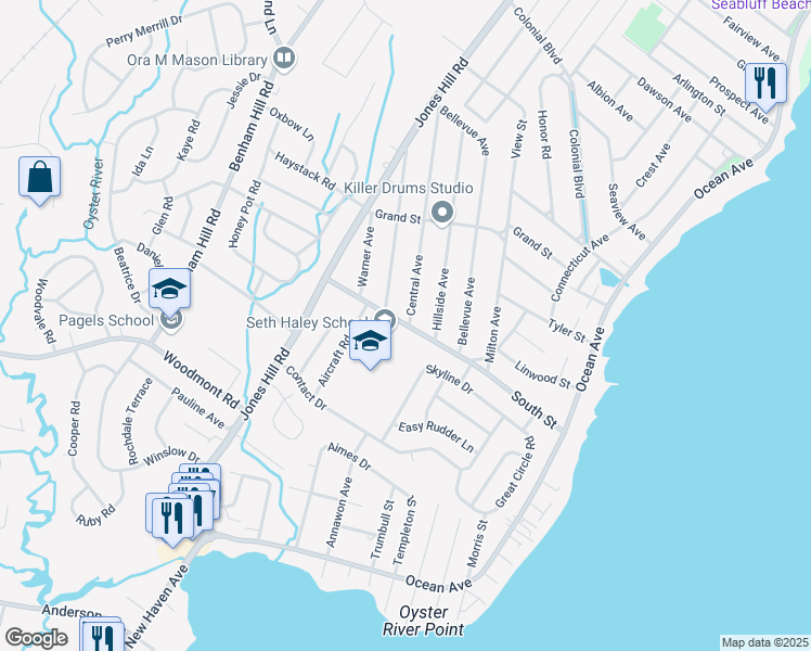 map of restaurants, bars, coffee shops, grocery stores, and more near 148 South Street in West Haven