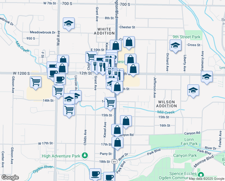 map of restaurants, bars, coffee shops, grocery stores, and more near 1303 Washington Boulevard in Ogden