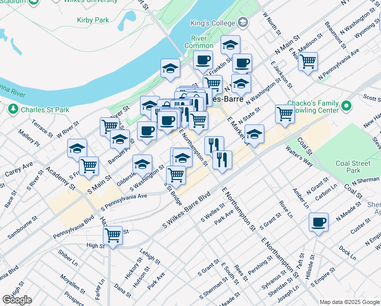 map of restaurants, bars, coffee shops, grocery stores, and more near 61 East Northampton Street in Wilkes-Barre