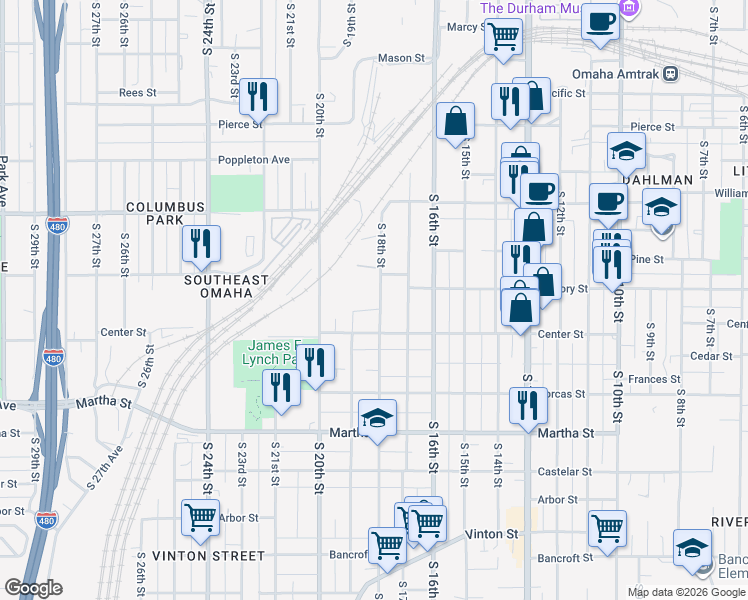 map of restaurants, bars, coffee shops, grocery stores, and more near 1718 South 18th Street in Omaha