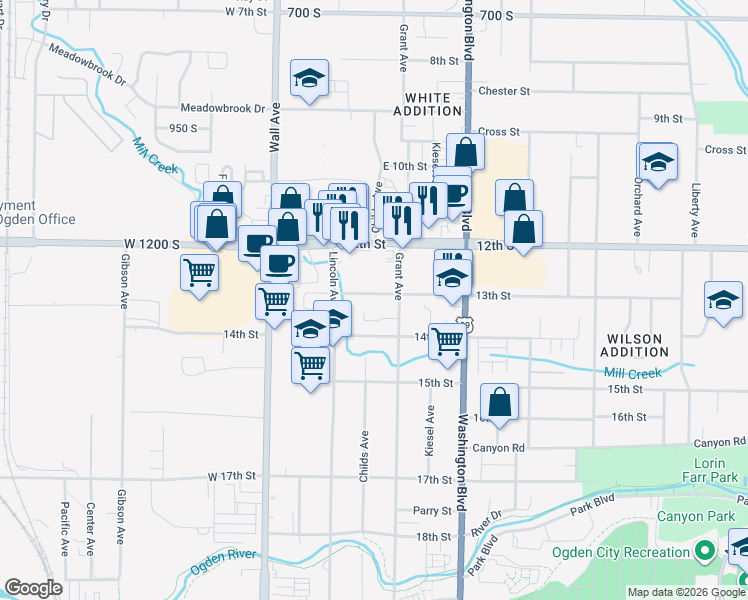 map of restaurants, bars, coffee shops, grocery stores, and more near 275 13th Street in Ogden