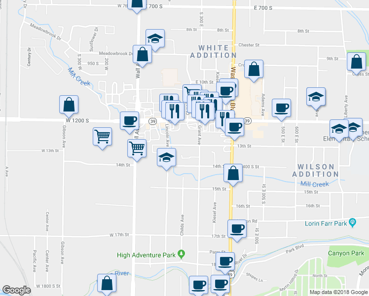 map of restaurants, bars, coffee shops, grocery stores, and more near 275 13th Street in Ogden