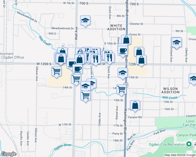 map of restaurants, bars, coffee shops, grocery stores, and more near 217 13th Street in Ogden