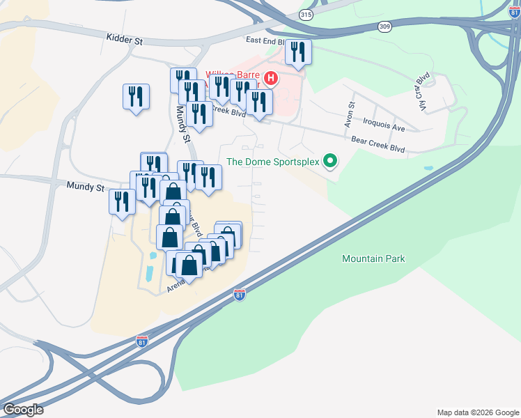 map of restaurants, bars, coffee shops, grocery stores, and more near Wilkeswood Dr in Wilkes-Barre Township