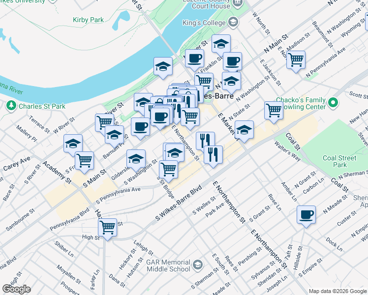 map of restaurants, bars, coffee shops, grocery stores, and more near 61 East Northampton Street in Wilkes-Barre