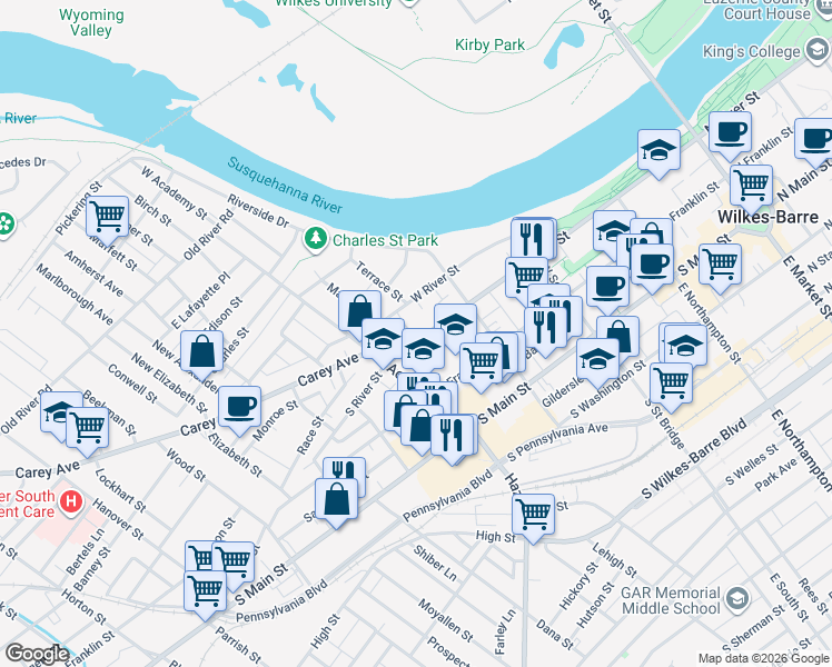 map of restaurants, bars, coffee shops, grocery stores, and more near 377 South River Street in Wilkes-Barre
