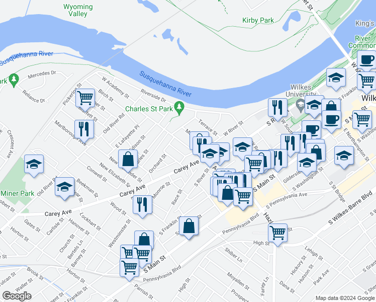 map of restaurants, bars, coffee shops, grocery stores, and more near 3 Kirkendall Avenue in Wilkes-Barre