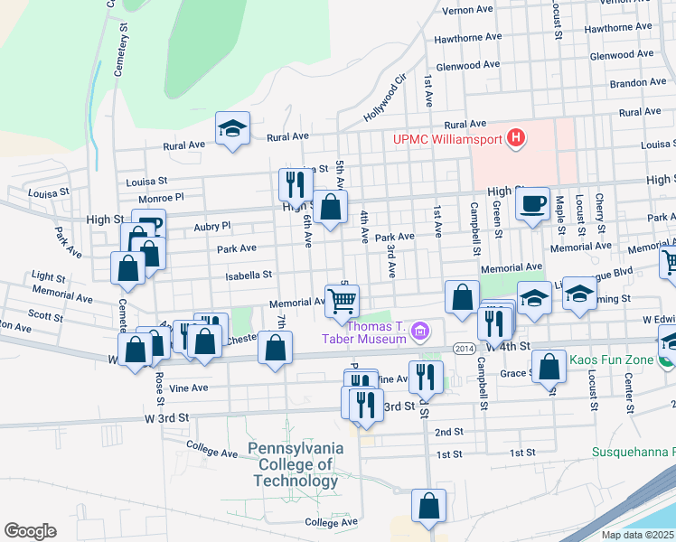 map of restaurants, bars, coffee shops, grocery stores, and more near 612-646 5th Avenue in Williamsport