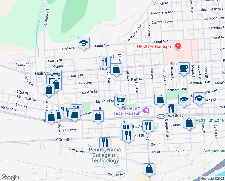 map of restaurants, bars, coffee shops, grocery stores, and more near 628 6th Avenue in Williamsport