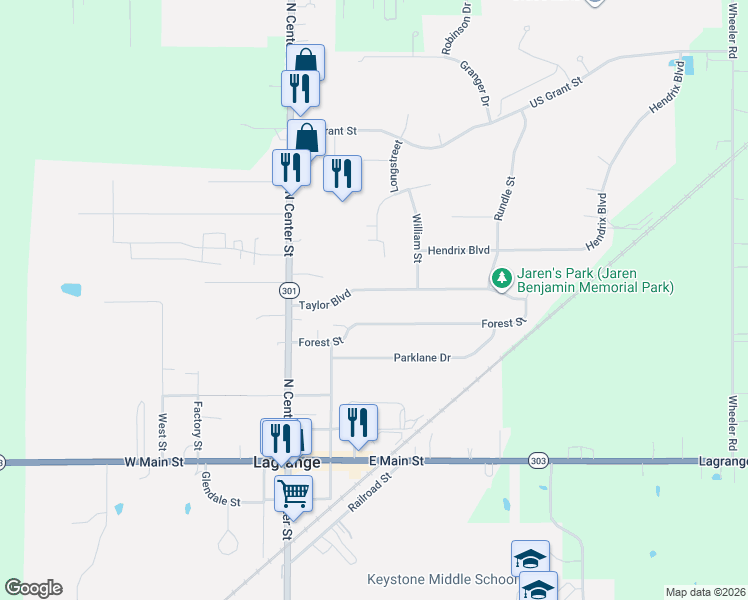 map of restaurants, bars, coffee shops, grocery stores, and more near 166 Taylor Boulevard in LaGrange