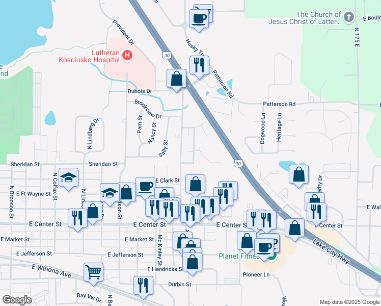 map of restaurants, bars, coffee shops, grocery stores, and more near 510 Oak Glen Drive in Warsaw