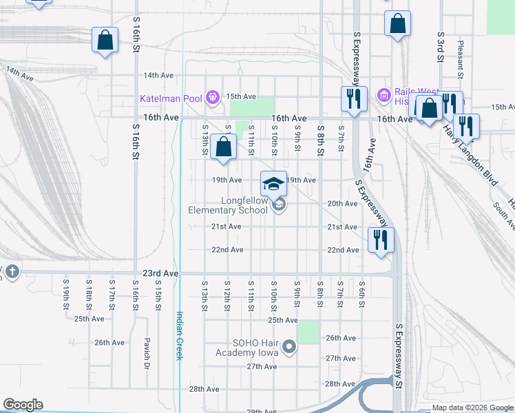 map of restaurants, bars, coffee shops, grocery stores, and more near 2000 South 11th Street in Council Bluffs