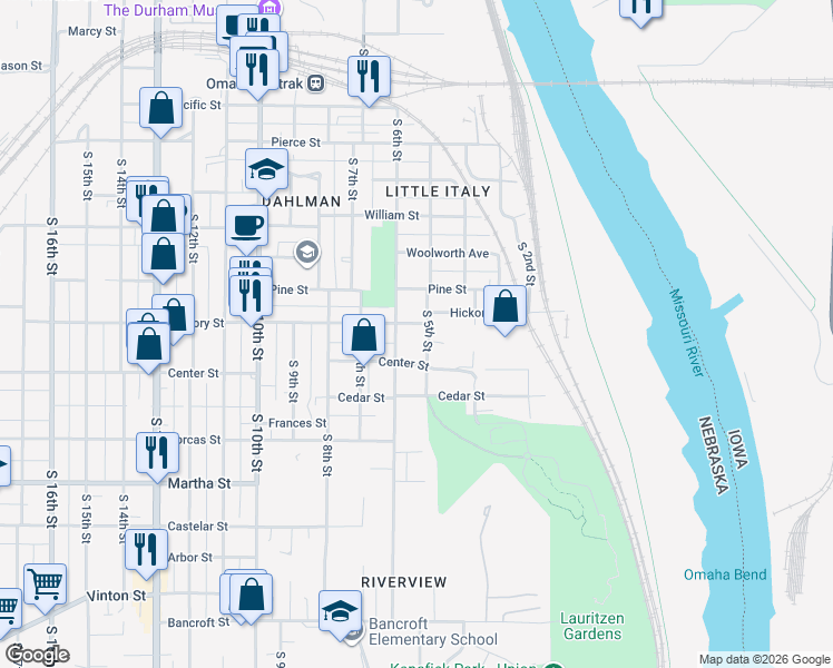 map of restaurants, bars, coffee shops, grocery stores, and more near 515 Hickory Street in Omaha