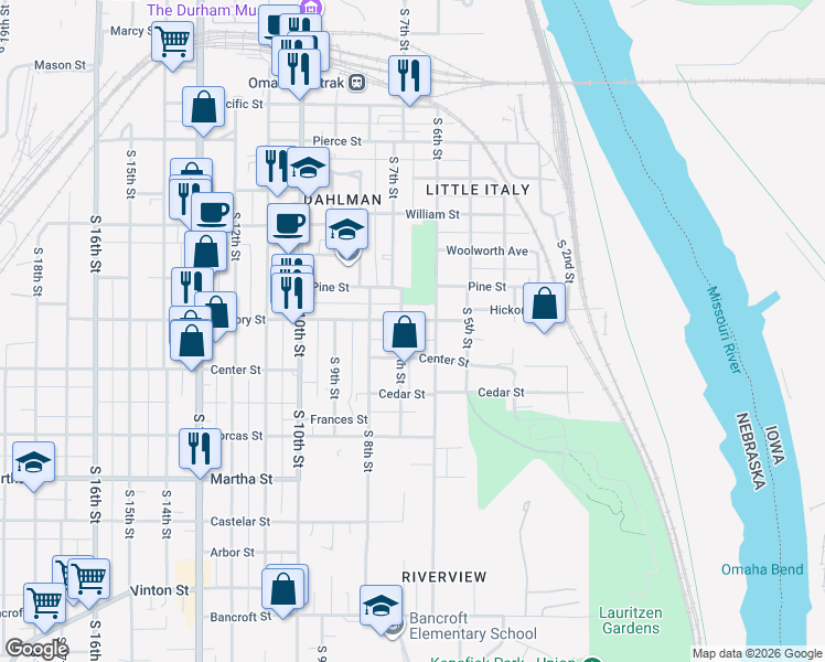 map of restaurants, bars, coffee shops, grocery stores, and more near 1709 South 7th Street in Omaha