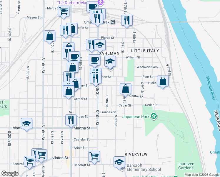 map of restaurants, bars, coffee shops, grocery stores, and more near 1705 South 9th Street in Omaha