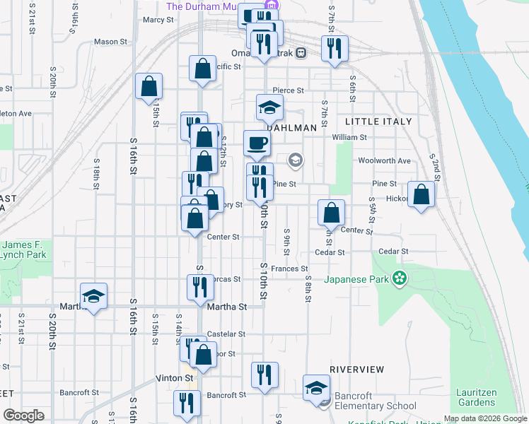 map of restaurants, bars, coffee shops, grocery stores, and more near 1708 South 10th Street in Omaha