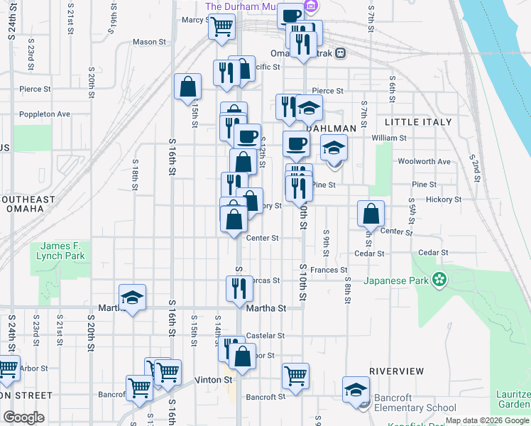 map of restaurants, bars, coffee shops, grocery stores, and more near 1710 South 11th Street in Omaha
