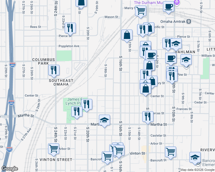 map of restaurants, bars, coffee shops, grocery stores, and more near 1718 South 18th Street in Omaha