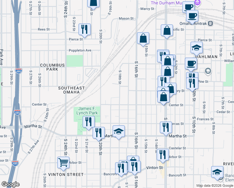 map of restaurants, bars, coffee shops, grocery stores, and more near 1718 South 18th Street in Omaha