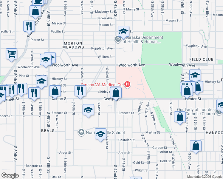 map of restaurants, bars, coffee shops, grocery stores, and more near 4204 Shirley Street in Omaha