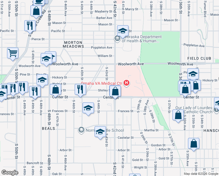 map of restaurants, bars, coffee shops, grocery stores, and more near 4204 Shirley Street in Omaha