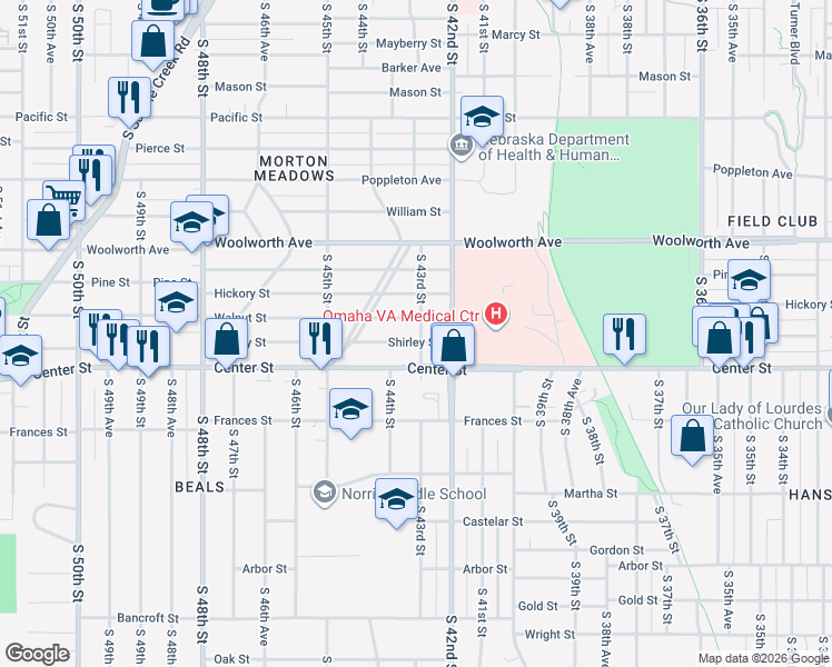 map of restaurants, bars, coffee shops, grocery stores, and more near 4312 Shirley Street in Omaha