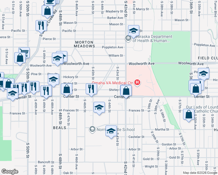 map of restaurants, bars, coffee shops, grocery stores, and more near 4340 Shirley Street in Omaha
