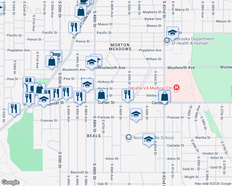 map of restaurants, bars, coffee shops, grocery stores, and more near 4532 Shirley Street in Omaha