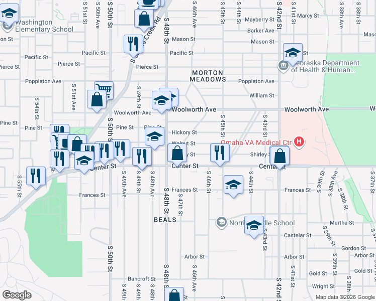 map of restaurants, bars, coffee shops, grocery stores, and more near 4560 Shirley Street in Omaha