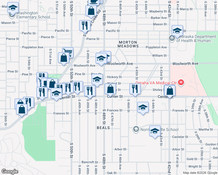 map of restaurants, bars, coffee shops, grocery stores, and more near 4714 Shirley Street in Omaha