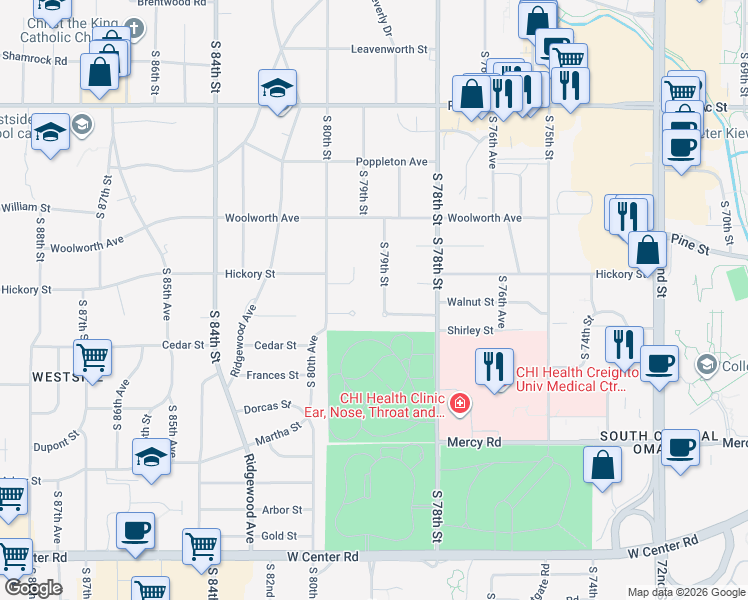 map of restaurants, bars, coffee shops, grocery stores, and more near 1710 South 79th Street in Omaha