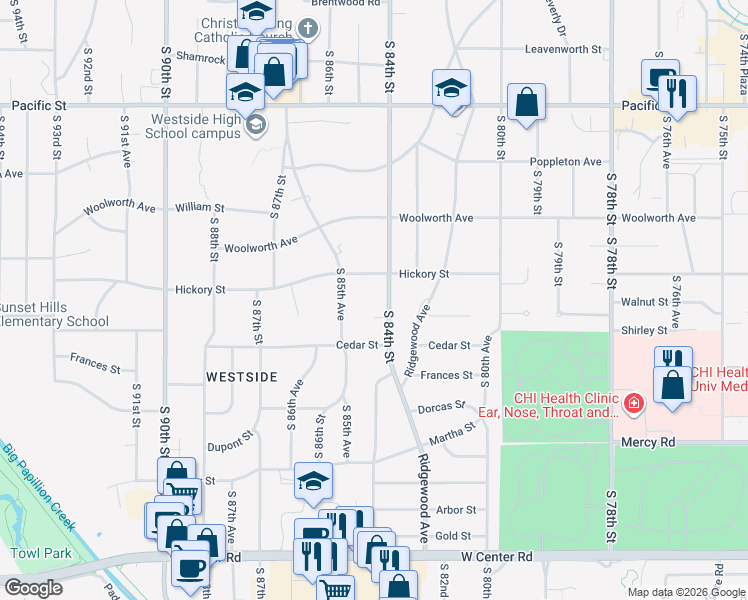 map of restaurants, bars, coffee shops, grocery stores, and more near 1722 South 84th Street in Omaha