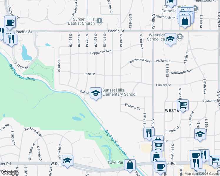 map of restaurants, bars, coffee shops, grocery stores, and more near 1715 South 93rd Avenue in Omaha
