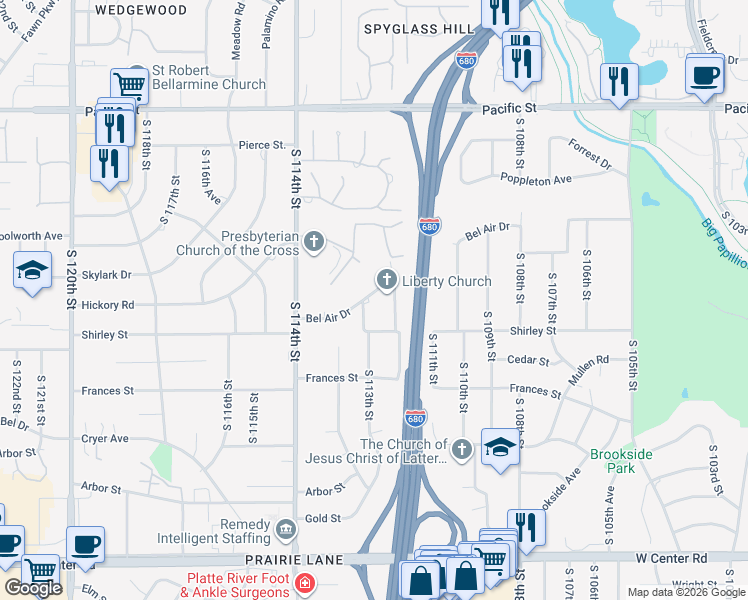 map of restaurants, bars, coffee shops, grocery stores, and more near 11213 Bel Air Drive in Omaha