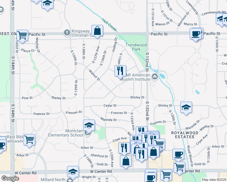 map of restaurants, bars, coffee shops, grocery stores, and more near 13525 Trendwood Drive in Omaha