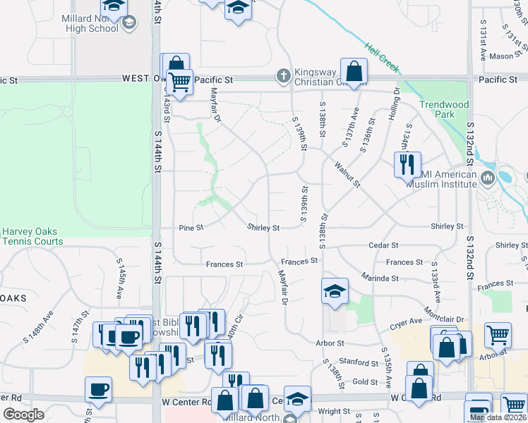 map of restaurants, bars, coffee shops, grocery stores, and more near 1806 Mayfair Drive in Omaha