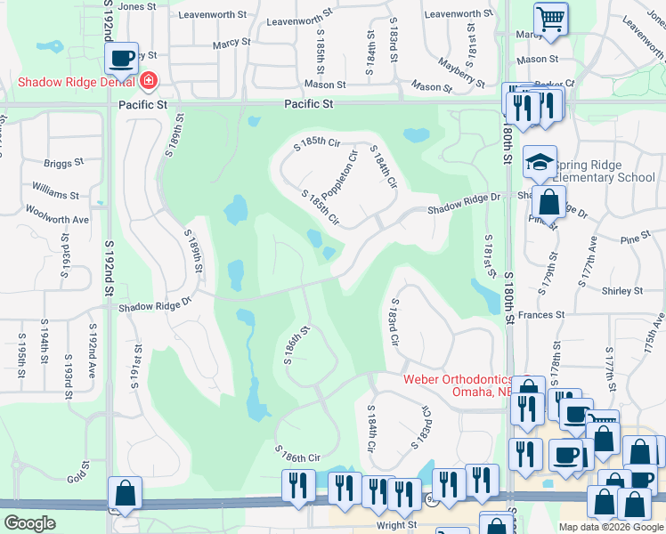 map of restaurants, bars, coffee shops, grocery stores, and more near 18530 Shadow Ridge Drive in Omaha