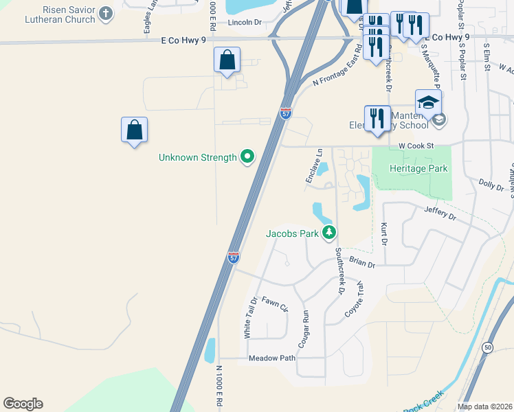 map of restaurants, bars, coffee shops, grocery stores, and more near 855 White Tail Bend in Manteno