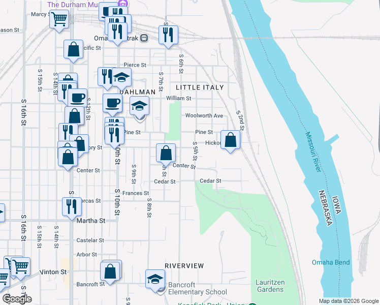 map of restaurants, bars, coffee shops, grocery stores, and more near 515 Hickory Street in Omaha