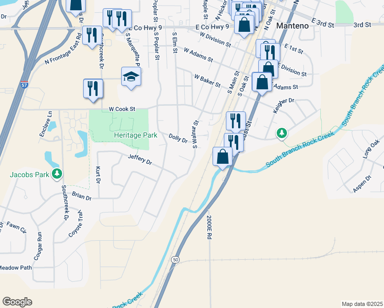 map of restaurants, bars, coffee shops, grocery stores, and more near 419 South Walnut Street in Manteno