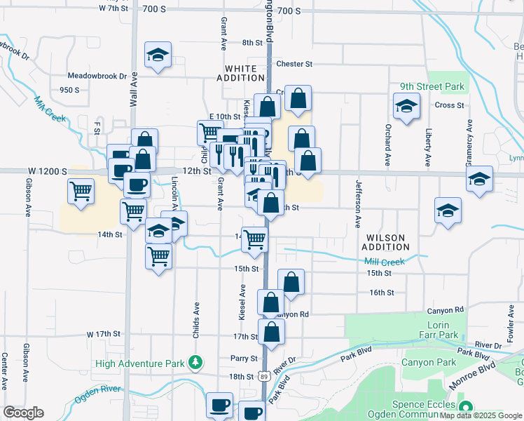 map of restaurants, bars, coffee shops, grocery stores, and more near 1303 Washington Boulevard in Ogden